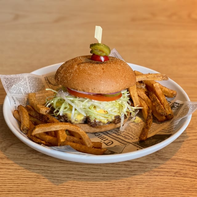 Flips Famous Big Cheesy Burger.