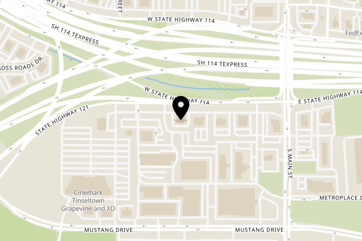Map showing the location of Flips Patio Grill Grapevine on 415 West State Highway 114 in Grapevine